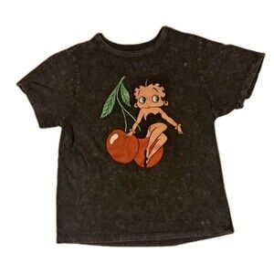 Betty Boop Women’s Small Charcoal T-Shirt Distressed Retro Cherries Tee Cherry